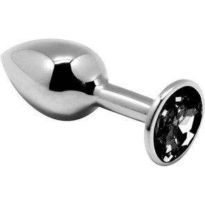  Серебристая анальная втулка с черным кристаллом Mini Metal Butt Plug Size M 8 см 