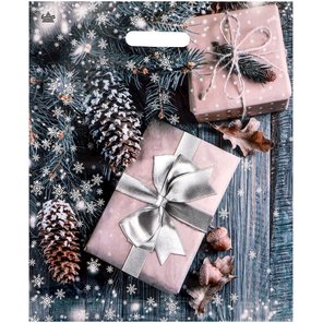  Новогодний пакет с принтом в виде подарков и вырубной ручкой (45х38 см) 