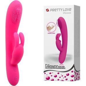  Розовый вибратор Ulysses с загнутым кончиком и зайчиком для клиторальной стимуляции 19,5 см 