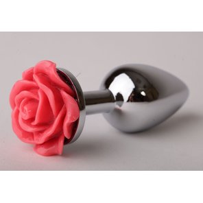  Серебристая анальная пробка с красной розочкой 7,6 см 