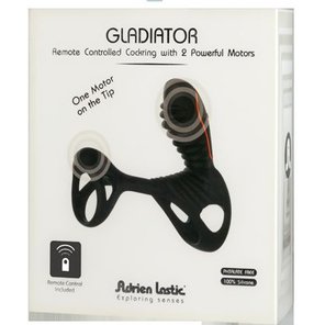  Чёрная эрекционная насадка Gladiator со стимулятором клитора и пультом управления вибрацией 