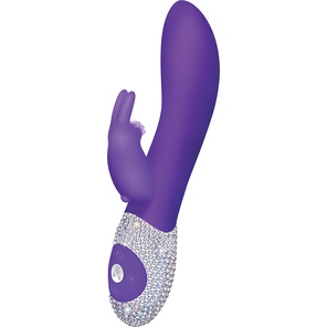  Фиолетовый вибромассажёр с клиторальным отростком и отделанной стразами рукоятью The Classic Rabbit 22 см 