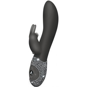  Чёрный вибромассажёр с клиторальным отростком и отделанной стразами рукоятью The Classic Rabbit 22 см 