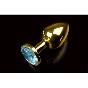  Маленькая золотистая анальная пробка с круглым кончиком и голубым кристаллом 7 см 