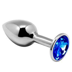  Серебристая анальная втулка с синим кристаллом Mini Metal Butt L 9 см 