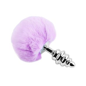  Серебристая анальная пробка с сиреневым мехом Metal Anal Fluffly Twist Plug L 