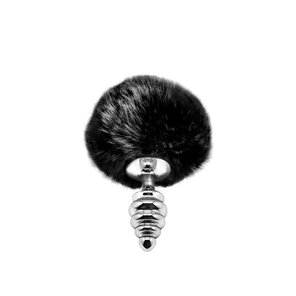  Серебристая анальная пробка с черным хвостиком Metal Anal Fluffly Twist Plug S 