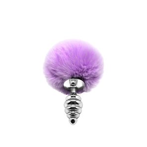  Серебристая анальная пробка с сиреневым помпоном Metal Anal Fluffly Twist Plug S 