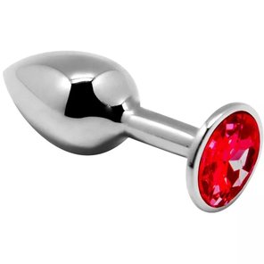  Серебристая анальная втулка с красным кристаллом Mini Metal Butt Plug Size S 7 см 