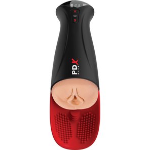  Телесный мастурбатор-вагина в черной колбе с вибрацией Fuck-O-Matic Pro XL 