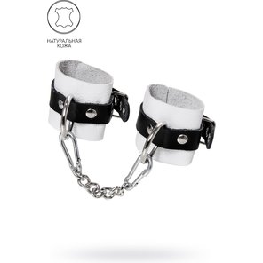  Бело-черные кожаные наручники с одним ремешком с люверсами 