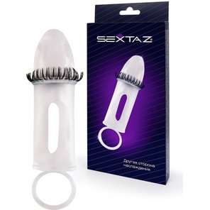  Закрытая насадка на пенис с подхватом мошонки и стимулирующими «ресничками» 