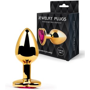  Золотистая анальная пробка с малиновым кристаллом 9 см 