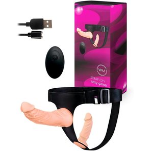  Женский страпон с 2 насадками, вибрацией и пультом ДУ 