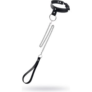  Черный узкий однослойный ошейник с серебристым поводком-цепочкой 