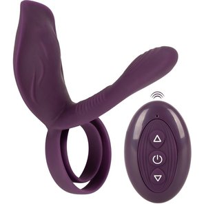  Фиолетовая насадка на член с клиторальным отростком и пультом ДУ RC Couple’s Vibrator 2 
