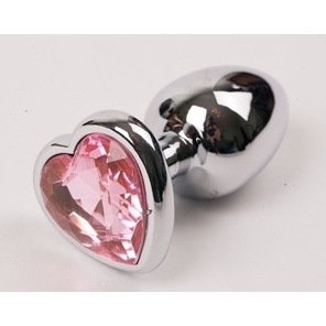  Серебристая анальная пробка с розовым стразиком-сердечком 9 см 