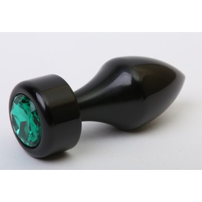  Чёрная анальная пробка с широким основанием и зелёным кристаллом 7,8 см 