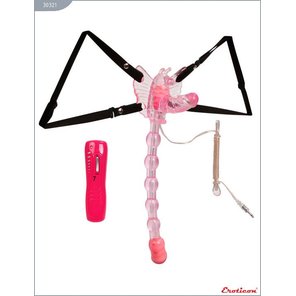  Розовый вибростимулятор «Бабочка» с анальным хвостом 