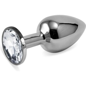  Серебристая анальная пробка с прозрачным кристаллом размера S 7 см 