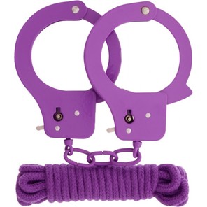  Фиолетовые наручники из листового металла в комплекте с веревкой BONDX METAL CUFFS LOVE ROPE SET 