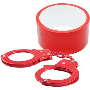  Набор для фиксации BONDX METAL CUFFS AND RIBBON: красные наручники из листового материала и липкая лента 