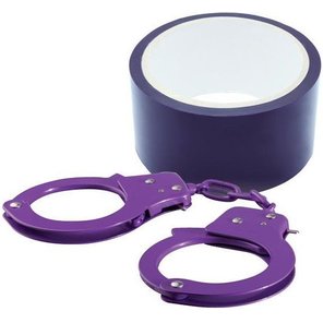  Набор для фиксации BONDX METAL CUFFS AND RIBBON: фиолетовые наручники из листового материала и липкая лента 