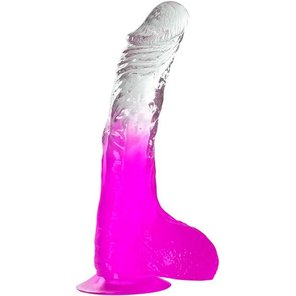  Фиолетовый фаллоимитатор с мошонкой, присоской и прозрачным стволом 20 см 