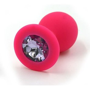  Розовая силиконовая анальная пробка с светло-фиолетовым кристаллом 7 см 