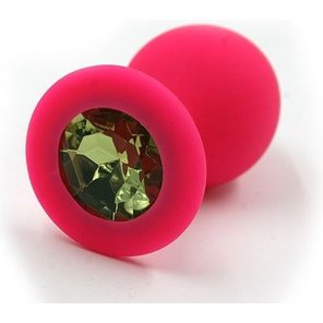  Розовая силиконовая анальная пробка с светло-зеленым кристаллом 7 см 