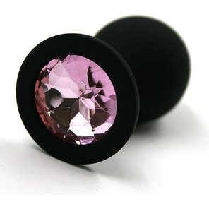  Чёрная силиконовая анальная пробка с светло-розовым кристаллом 8,3 см 
