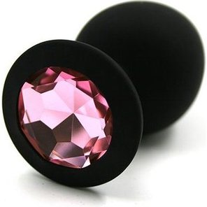  Чёрная силиконовая анальная пробка с светло-розовым кристаллом 7 см 