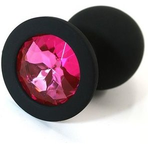  Чёрная силиконовая анальная пробка с ярко-розовым кристаллом 7 см 