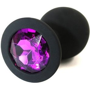  Чёрная силиконовая анальная пробка с темно-фиолетовым кристаллом 7 см 
