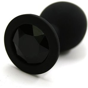  Чёрная силиконовая анальная пробка с чёрным кристаллом 7 см 