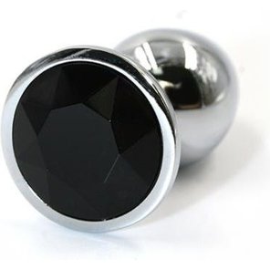  Серебристая алюминиевая анальная пробка с чёрным кристаллом 8,4 см 