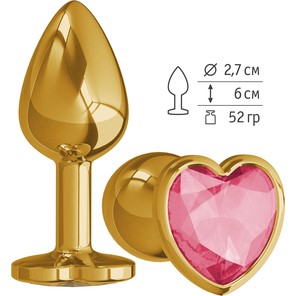  Золотистая анальная втулка с малиновым кристаллом-сердцем 7 см 