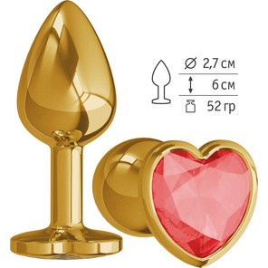 Золотистая анальная втулка с красным кристаллом-сердцем 7 см 