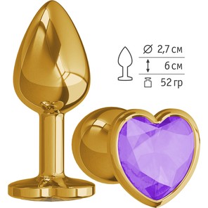  Золотистая анальная втулка с фиолетовым кристаллом-сердцем 7 см 