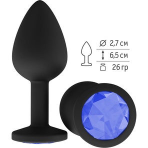  Чёрная анальная втулка с синим кристаллом 7,3 см 