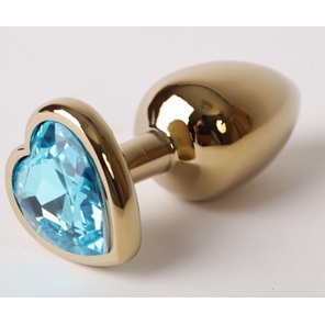  Золотистая анальная пробка с голубым кристаллом-сердцем 9 см 