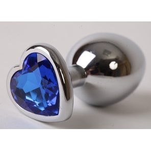  Серебристая анальная пробка с синим кристаллом-сердцем 9 см 
