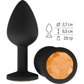  Чёрная анальная втулка с оранжевым кристаллом 7,3 см 