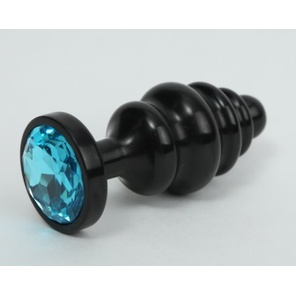  Черная фигурная анальная пробка с голубым кристаллом 8,2 см 