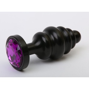  Черная фигурная анальная пробка с фиолетовым кристаллом 8,2 см 