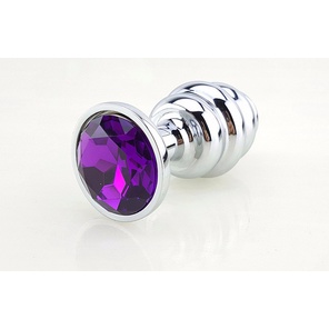  Серебристая фигурная анальная пробка с фиолетовым кристаллом 8 см 