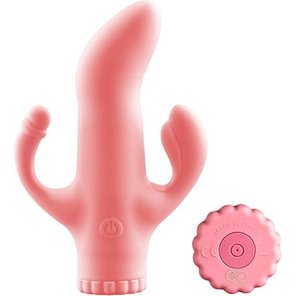  Розовый вибратор с клиторальным и анальным отростками 15,2 см 