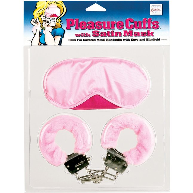 Комплект - розовая маска на глаза, наручники обшитые, 2 ключа