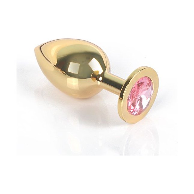 Золотистая анальная пробка GOLDEN PLUG Large с розовым кристаллом - 9,5 см