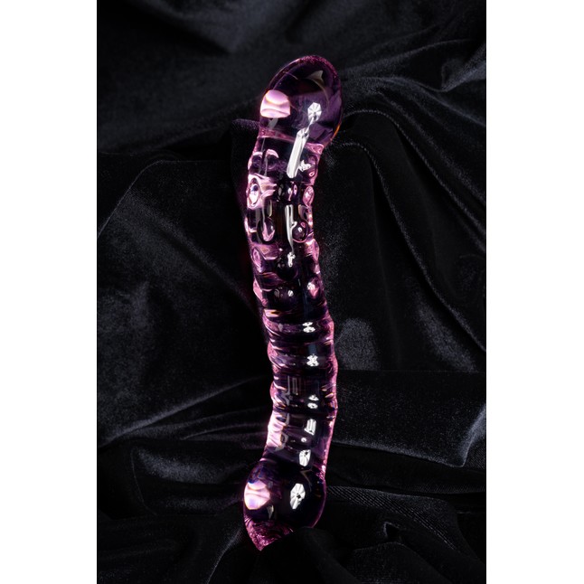 Двусторонний розовый фаллос с рёбрами и точками - 20,5 см - Sexus Glass. Фотография 8.